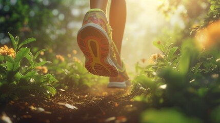 Runner's legs in cute shoes, jogging on a green trail. Runner with colorful shoes runs on a path in the woods. - obrazy, fototapety, plakaty