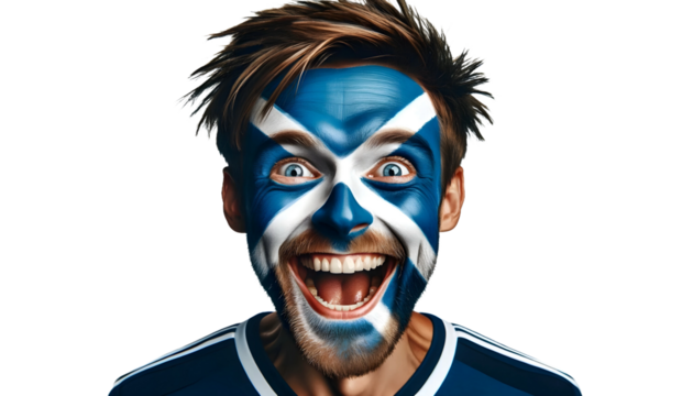 man soccer fun portrait with painted face of scottish national flag isolated on transparent background