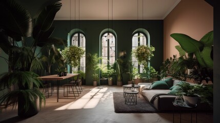 AI generated illustration of an interior of a room with natural light with a collection of plants