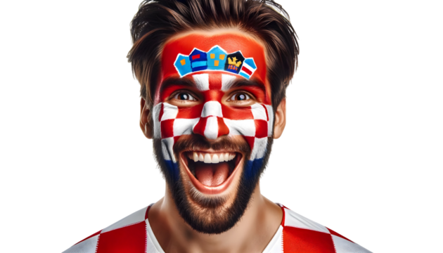 man soccer fun portrait with painted face of croatian national flag isolated on transparent background