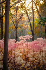 AI generated illustration of a beautiful natural landscape with canopy of trees and pink flowers