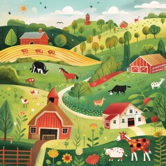 Fototapeta premium A colorful farm scene with red barns, green fields, and multicolored animals, offering visual and cognitive stimulation. 
