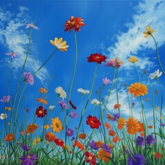 A landscape of colorful flowers against a vivid blue sky, encouraging attention to detail and color awareness. 