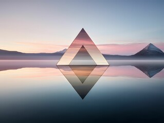 AI generated illustration of triangles on water against mountains