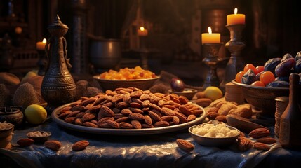 Immerse yourself in the culinary heritage of Ramadan as you discover the artistry of preparing Traditional Arabic dishes, showcasing the essence of dates and almonds. - obrazy, fototapety, plakaty