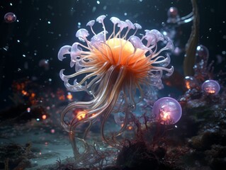 Colorful jellyfish floating in the water, AI-generated.