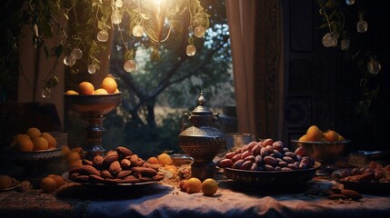 Immerse yourself in the cultural tapestry of Ramadan through the symbolism of dates and almonds. - obrazy, fototapety, plakaty