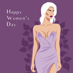 Vector flat fashion illustration of a beautiful sexy woman in an elegant dress with bare shoulders. Greeting card for International Women's Day.