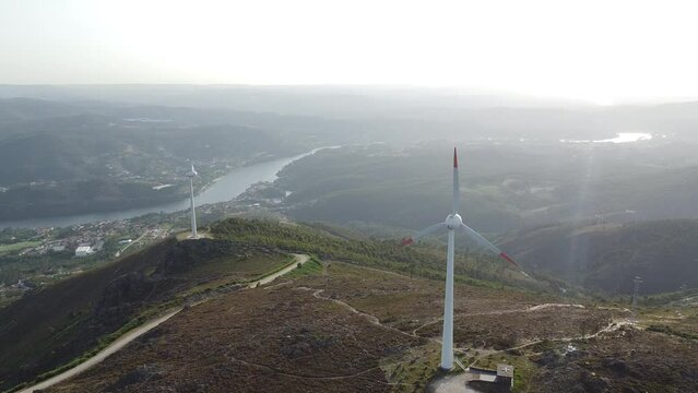 Drone footage of the wind turbines on top hill of Serra da Freita Arouca Geopark in Portugal