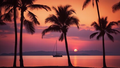 Tropical Ocean Sunset with Silhouetted Palm Trees and Sailboat