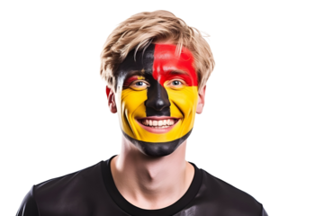 man soccer fun portrait with painted face of belgian national flag isolated on transparent background