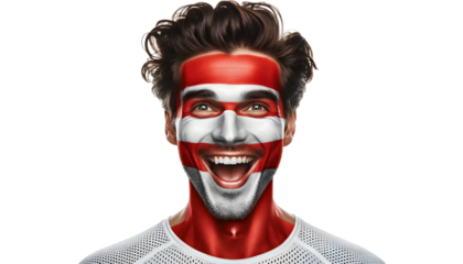 man soccer fun portrait with painted face of austrian national flag isolated on transparent background