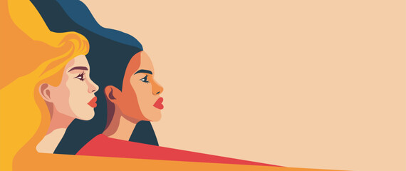  Vector banner horizontal with space for text for Women's Day, different women standing together. Vector concept of movement for gender equality and women's empowerment