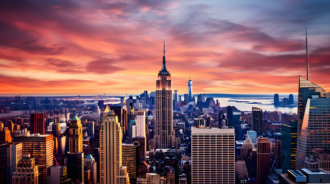 The Majestic Empire State Building - A Dominant Beacon in New York City Skyline Against a Vibrant Sunset © James