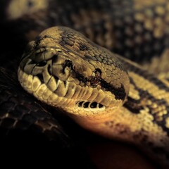 Closeup of a snake's head on a dark background