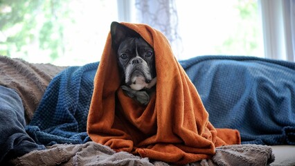 Cute French bulldog sitting curled up under a cozy blanket on a comfortable sofa.