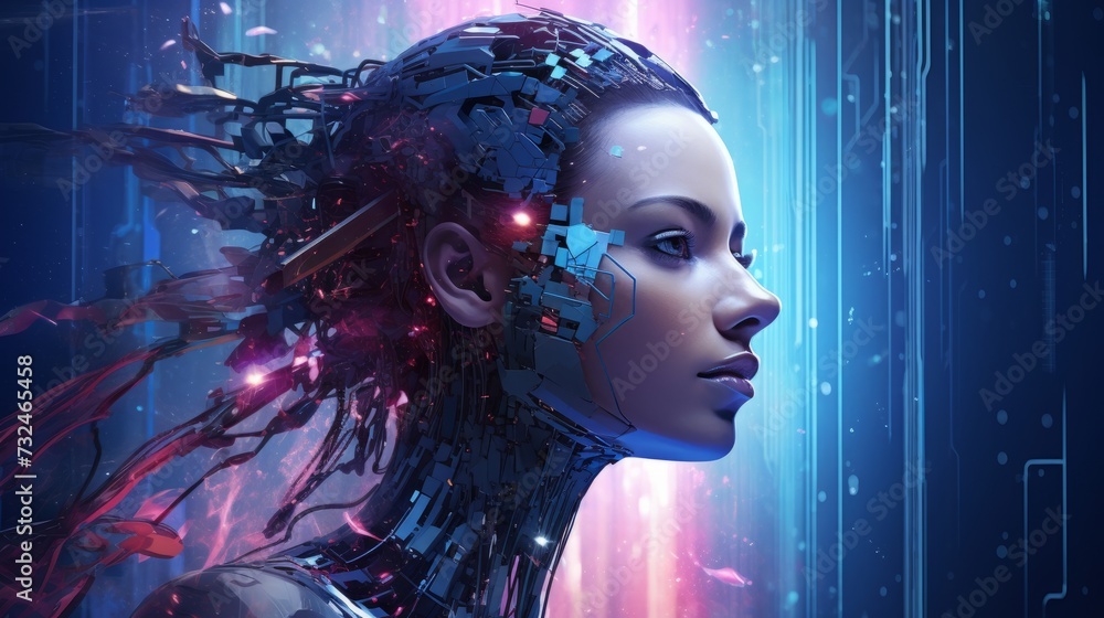 Poster futuristic technology concept: abstract background of glowing digital circuit patterns and futuristi