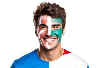 man soccer fun portrait with painted face of italian national flag isolated on transparent...