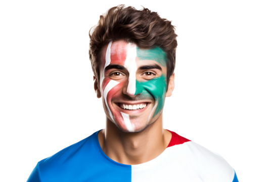 man soccer fun portrait with painted face of italian national flag isolated on transparent background - Powered by Adobe