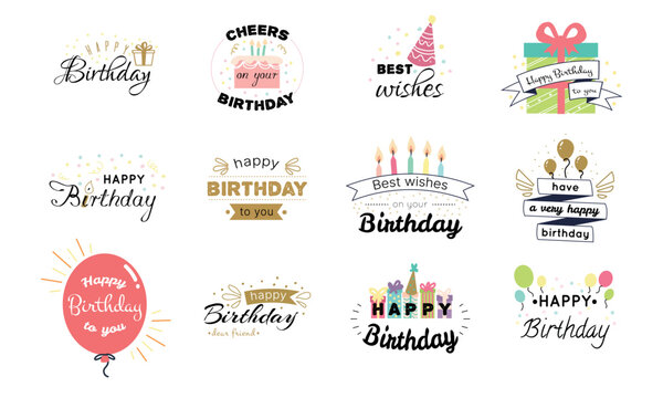 Happy birthday card. Holiday logo. Celebrating balloon. Party greeting gift text. Anniversary label. Vintage graphic. Calligraphy line banner. Present box. Cake candles. sticker templates set