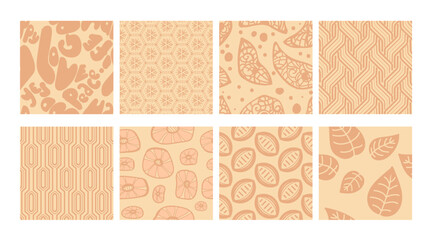 Modern line. Boho seamless patterns. Brush shape textile print. Pastel graphic wallpaper. Simple fabric Scandinavian element. Beige sketch paper aesthetic outline. Vector nude minimal backgrounds set