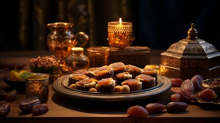 Naklejka premium Indulge in the opulence of Ramadan feasts adorned with the timeless allure of dates and almonds.