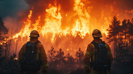Naklejka premium Two firefighters at a wildfire, forest fire, burning in a forest in the mountains. Global warming and climate change concept shot