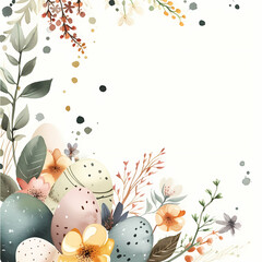 Easter watercolor greeting template with colorful easter eggs and flowers, white background