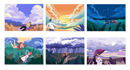 People looking at sky. Nature landscape. Couple admire at summer night stars and clouds. Woman dreaming on meadow. Mental health. Man back view. Scenic sunset or evening rain. Vector illustrations set