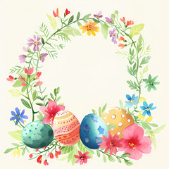 Easter watercolor greeting template with colorful easter eggs and flowers, white background