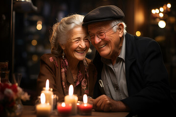 A senior couple embraces affectionately over a candlelit dinner - obrazy, fototapety, plakaty
