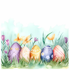 Easter watercolor greeting template with colorful easter eggs and flowers, white background