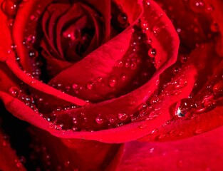 Vibrant red rose with sparkling dewdrops glistening on its delicate petals.