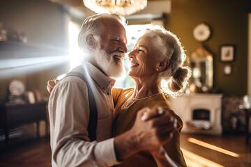 An elderly couple joyfully dancing at home, commemorating their anniversary or Valentine's Day