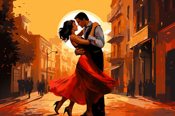 Couple engaged in a tango dance on a city street, capturing the elegance and passion of the moment - obrazy, fototapety, plakaty