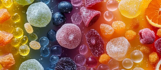 Vivid colorful jelly candies floating in water.