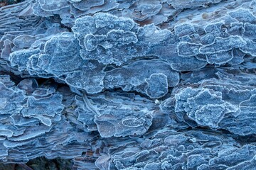 Closeup of a tree bark covered in a thin layer of frost, exhibiting an aged and weathered texture