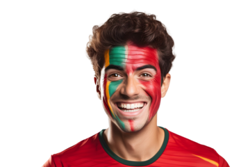man soccer fun portrait with painted face of portugal national flag isolated on transparent background