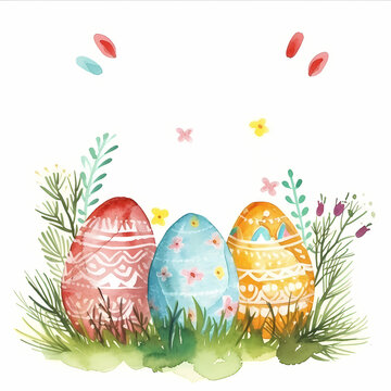 Easter watercolor greeting template with colorful easter eggs and flowers, white background