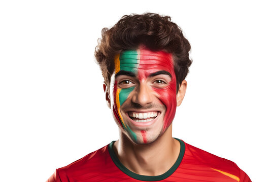man soccer fun portrait with painted face of portugal national flag isolated on transparent background