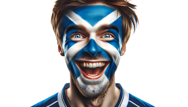 man soccer fun portrait with painted face of scottish national flag isolated on transparent background