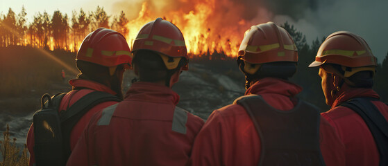 Close-up, group of four firefighters at a wildfire, forest fire, burning in a forest in the mountains. Global warming and climate change concept shot