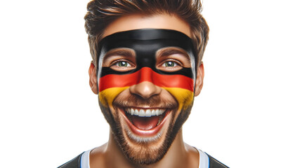 man soccer fun portrait with painted face of german national flag isolated on transparent background - obrazy, fototapety, plakaty