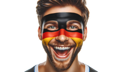 man soccer fun portrait with painted face of german national flag isolated on transparent background