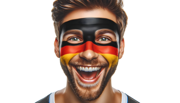 man soccer fun portrait with painted face of german national flag isolated on transparent background