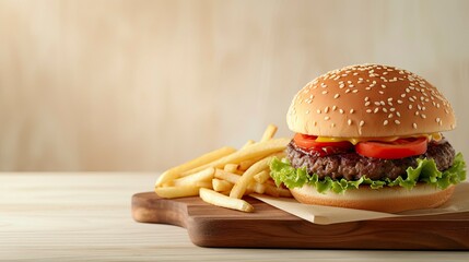 Front view yummy meat cheeseburger with french fries on cutting board light surface, realistic, HD, copy space - generative ai
