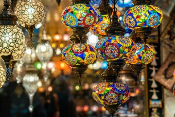 Ornate and vibrant collection of Turkish lamps hanging in front of a market