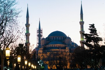Blue Mosque in Istanbul, Turkey, against the evening sky