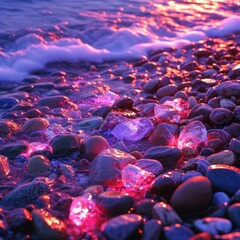 Obraz premium Sparkling beach pebbles shine like colorful diamonds on the beach that are soothing to the eyes, concept of imagination. Great for business, blogs, advertising, tourism etc. Generative Ai