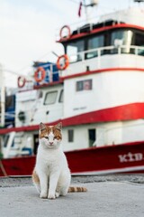 White and ginger cat sits against the backdrop of a boat docked in a harbor. Turkey
